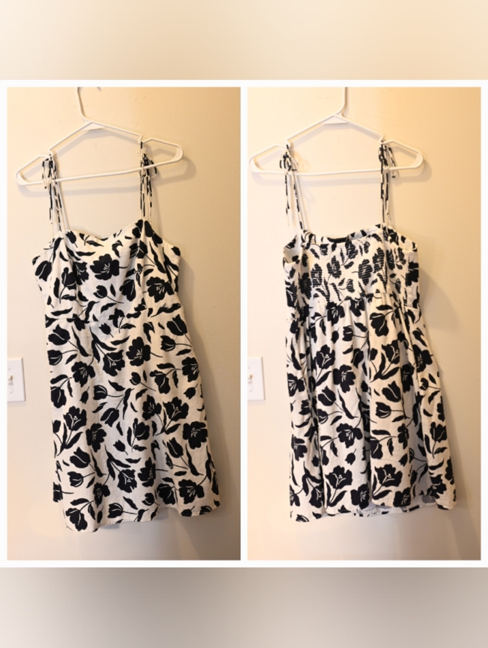 White Navy Dark Floral Tie-Strap Linen Blend Sundress Pockets L Summer Cruise